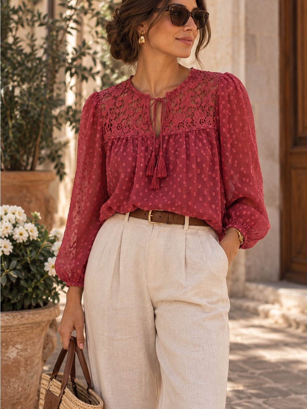 Lace Yoke Tassel Blouse in Dusty Rose